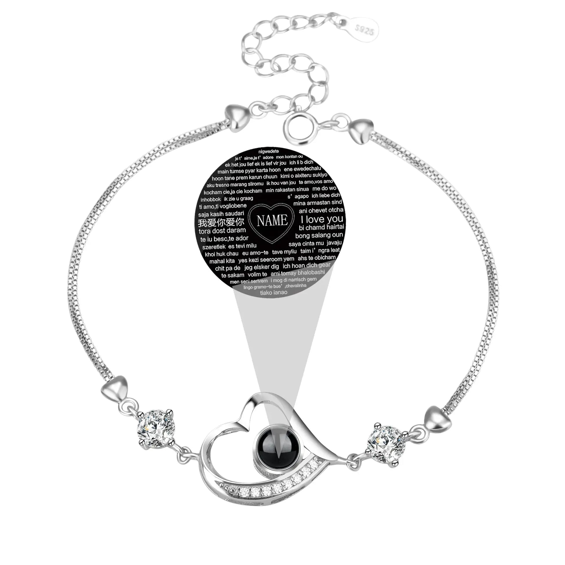 Customize Photo Name Projection Bracelet For 100 Languages Heart Chain Bracelets - Blade & Thread