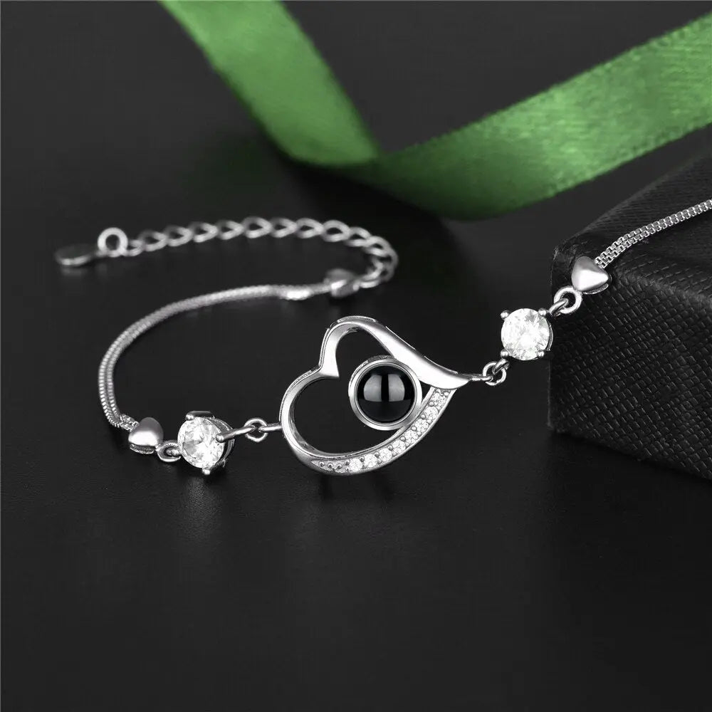 Customize Photo Name Projection Bracelet For 100 Languages Heart Chain Bracelets - Blade & Thread