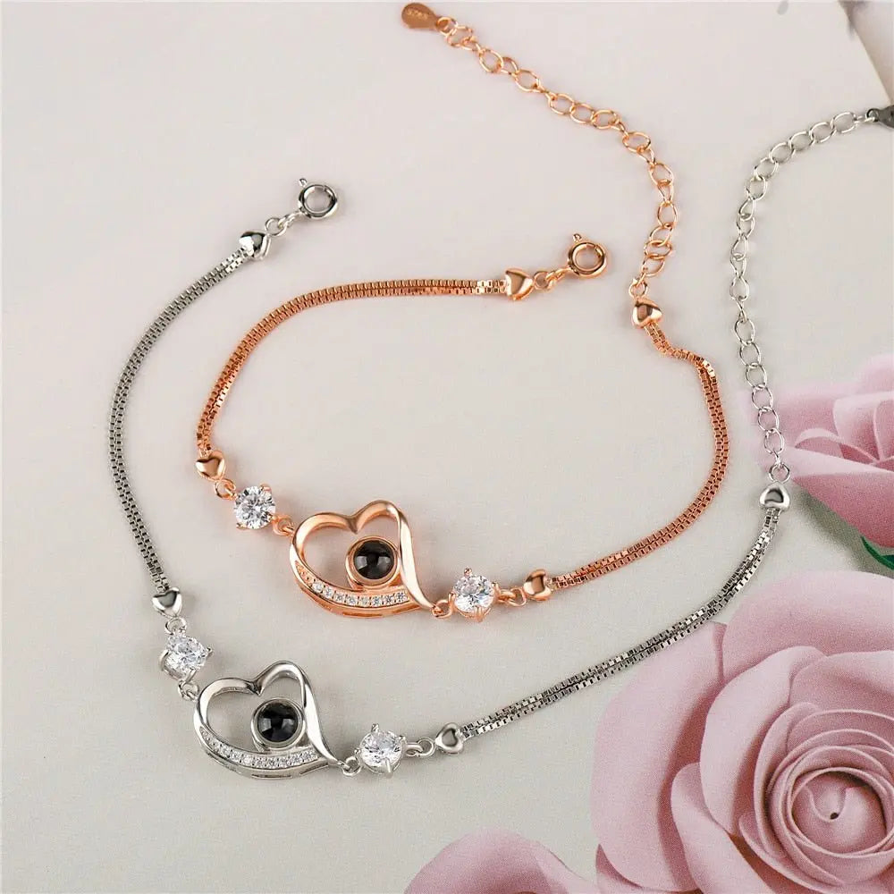 Customize Photo Name Projection Bracelet For 100 Languages Heart Chain Bracelets - Blade & Thread
