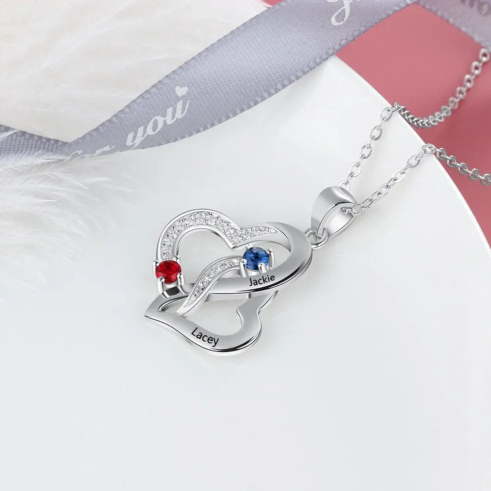Customized 2 Birthstones Intertwined Heart Necklace Wedding Jewelry nowadaysfashion