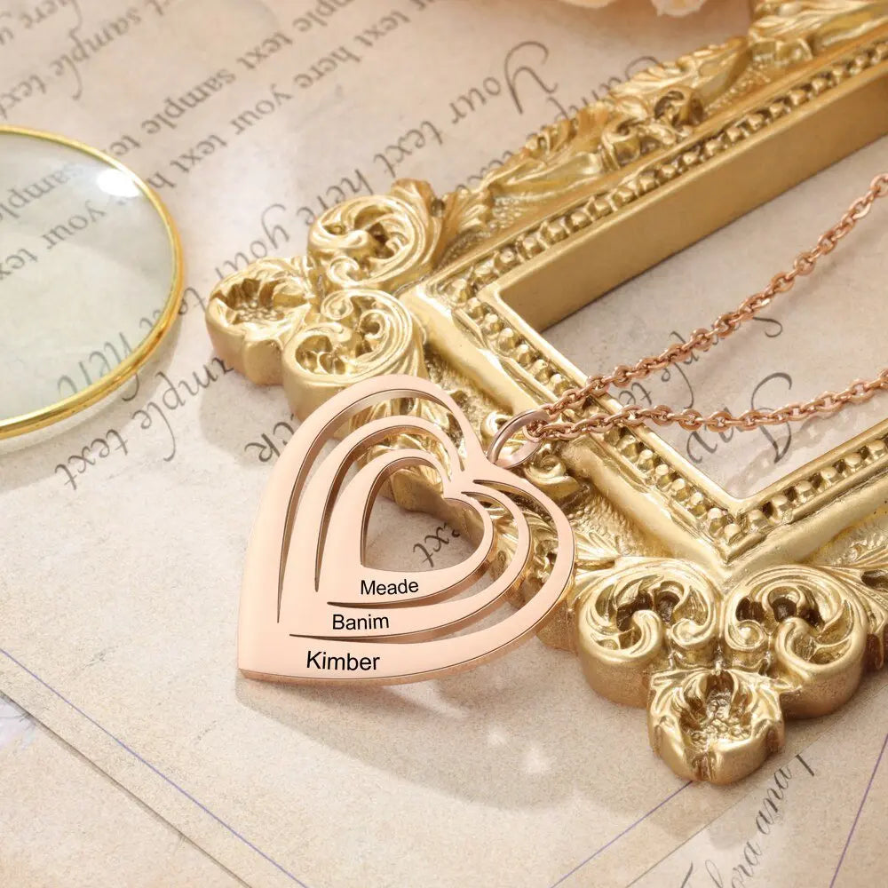 Customized 3 Hearts Pendant Personalized Engraving Name Necklaces - Blade & Thread