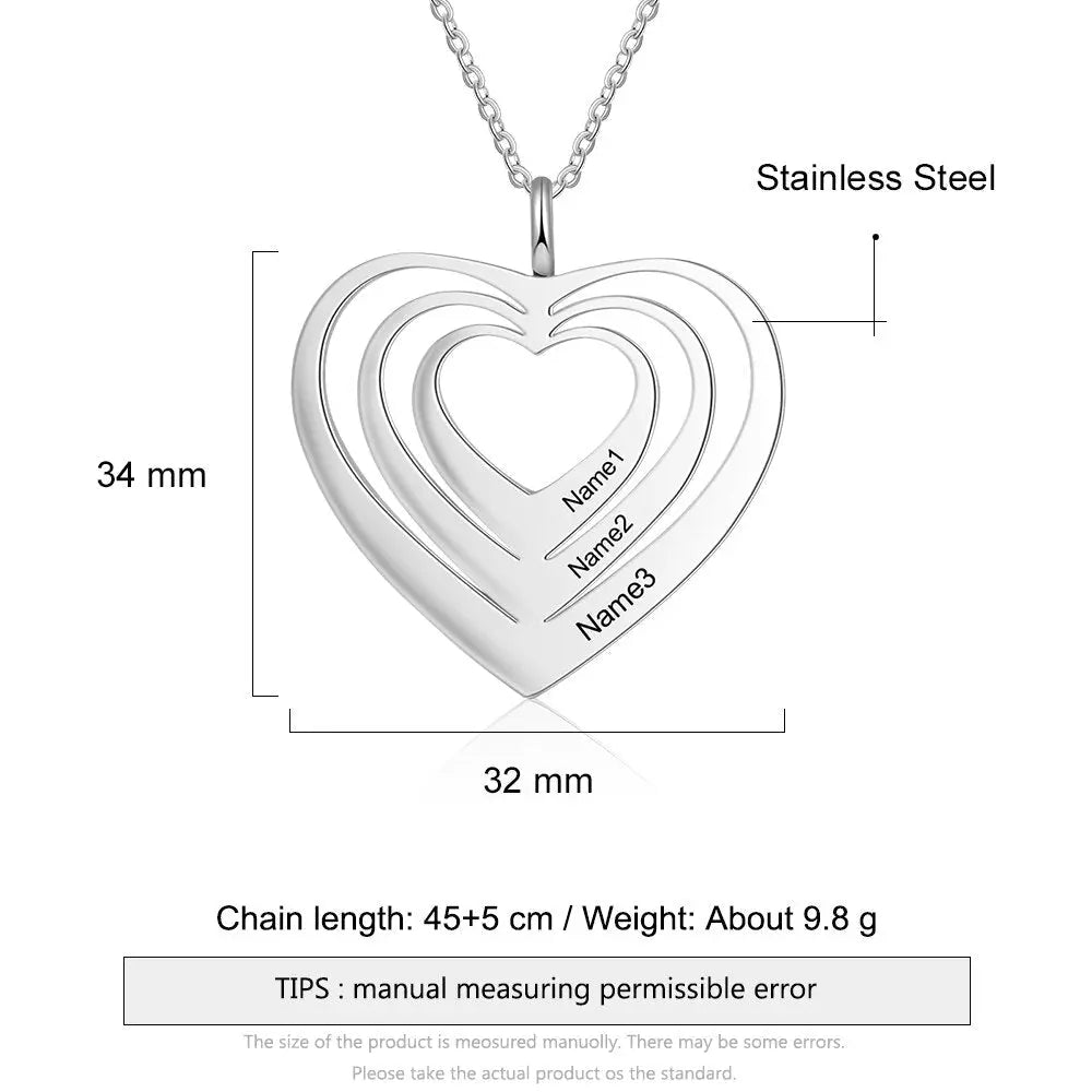Customized 3 Hearts Pendant Personalized Engraving Name Necklaces - Blade & Thread