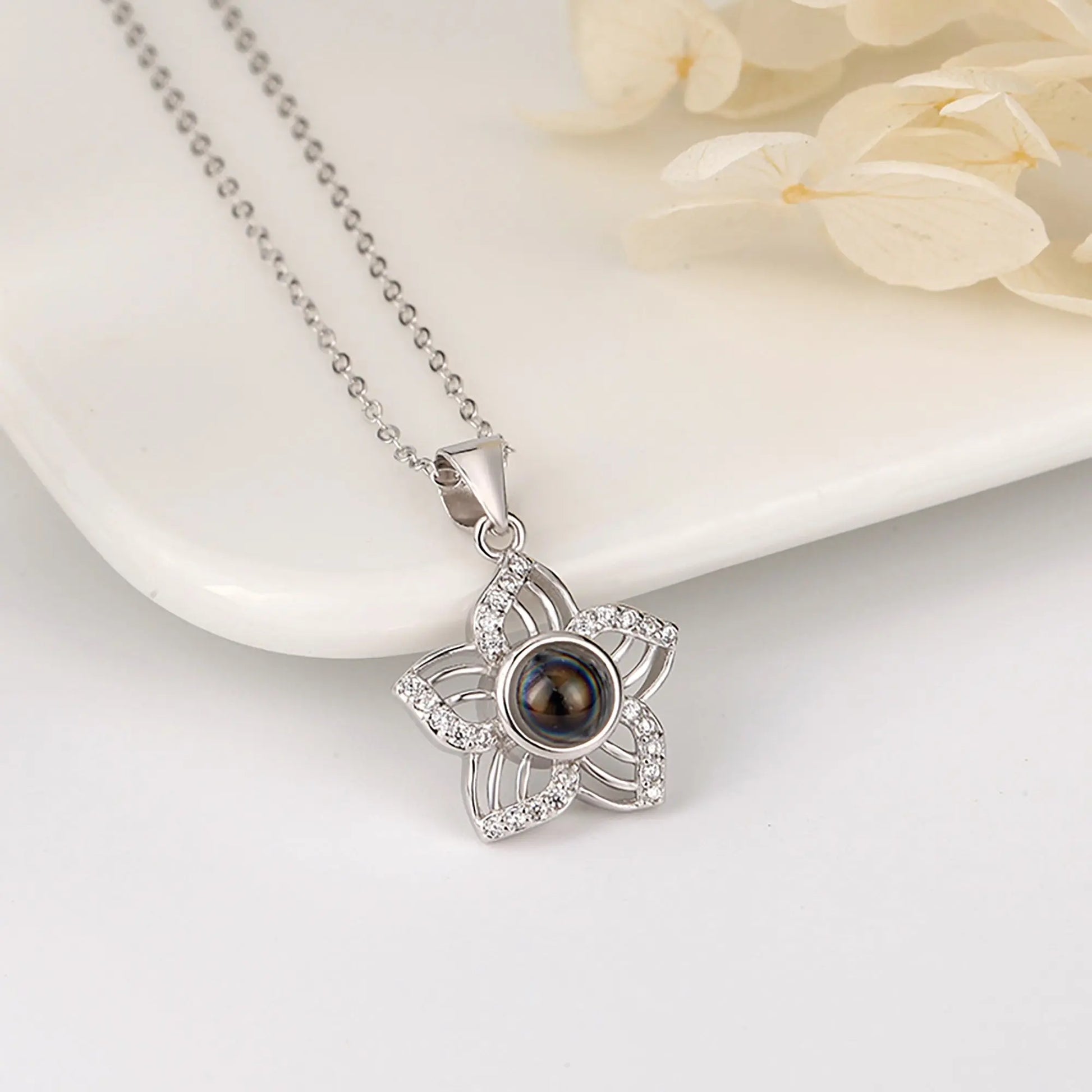 Customized Crystal Flower Photo Projection Pendant Necklace Personalized - Blade & Thread