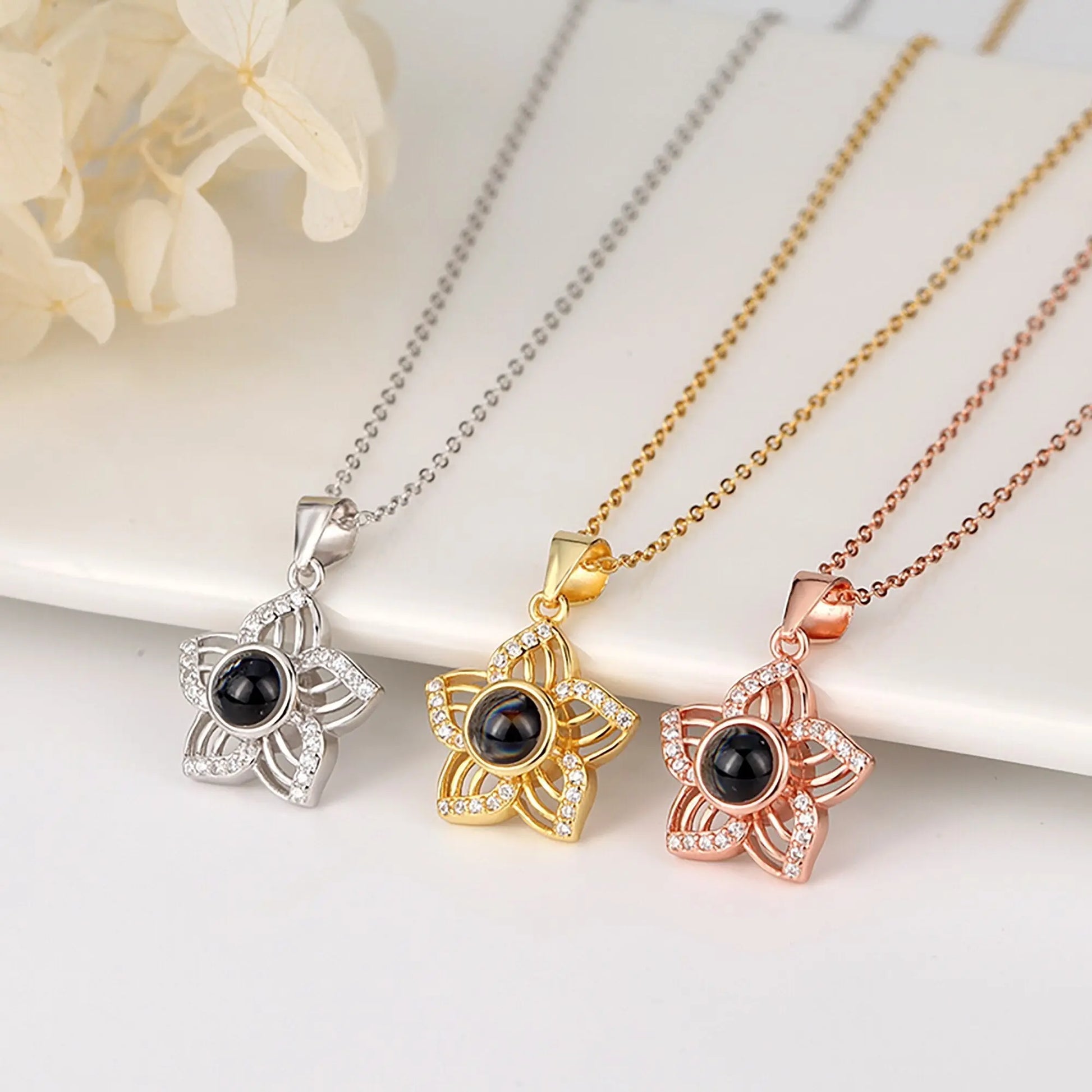 Customized Crystal Flower Photo Projection Pendant Necklace Personalized - Blade & Thread