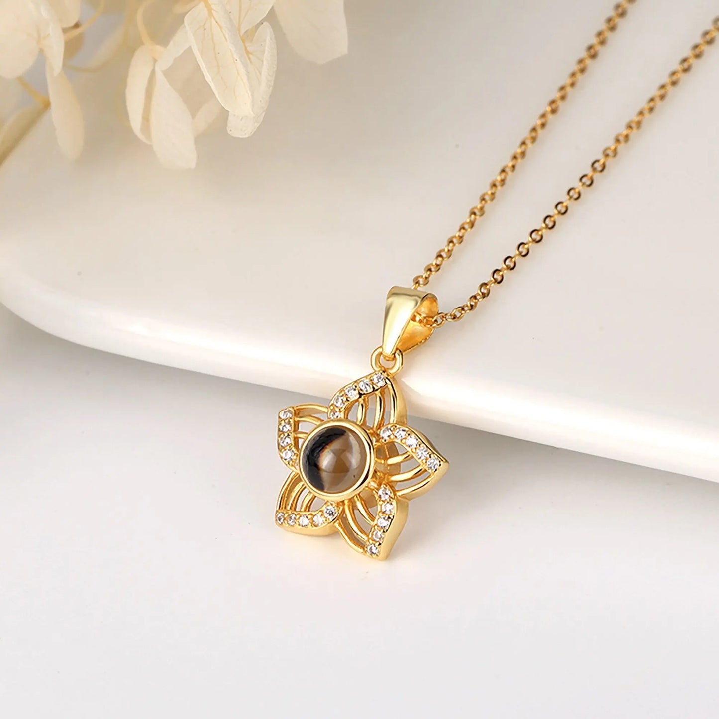 Customized Crystal Flower Photo Projection Pendant Necklace Personalized - Blade & Thread