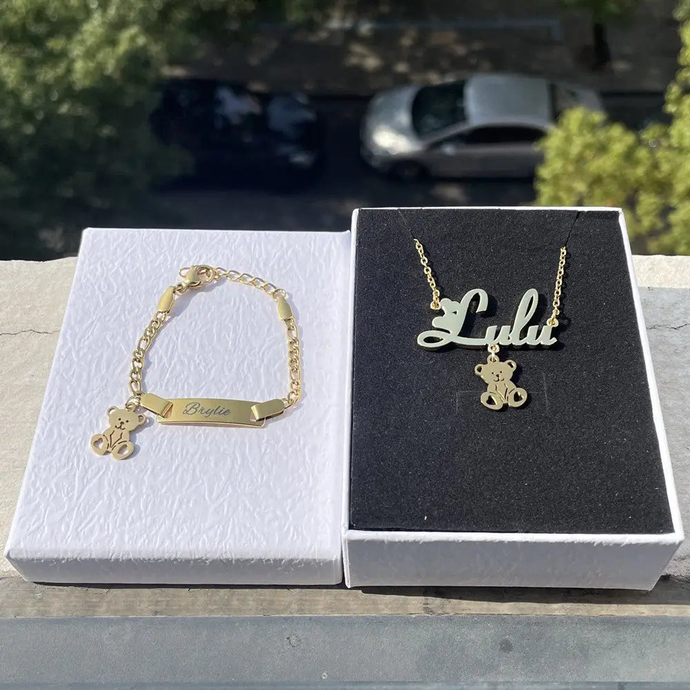 Customized Name Bear Necklace Bracelet Kids DIY Jewelry Set - Blade & Thread
