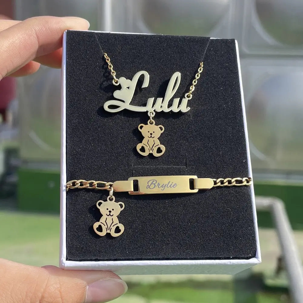 Customized Name Bear Necklace Bracelet Kids DIY Jewelry Set - Blade & Thread