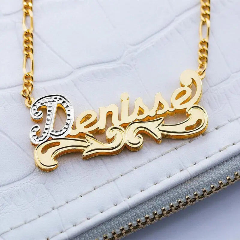 Customized Nameplate Necklace Double Name Plate Pendant Custom Letter With Figaro Chain - Blade & Thread