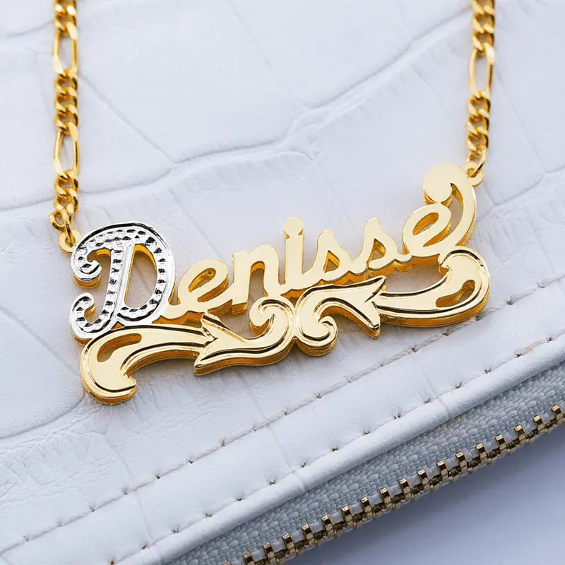 Customized Nameplate Necklace Double Name Plate Pendant Custom Letter With Figaro Chain - Blade & Thread