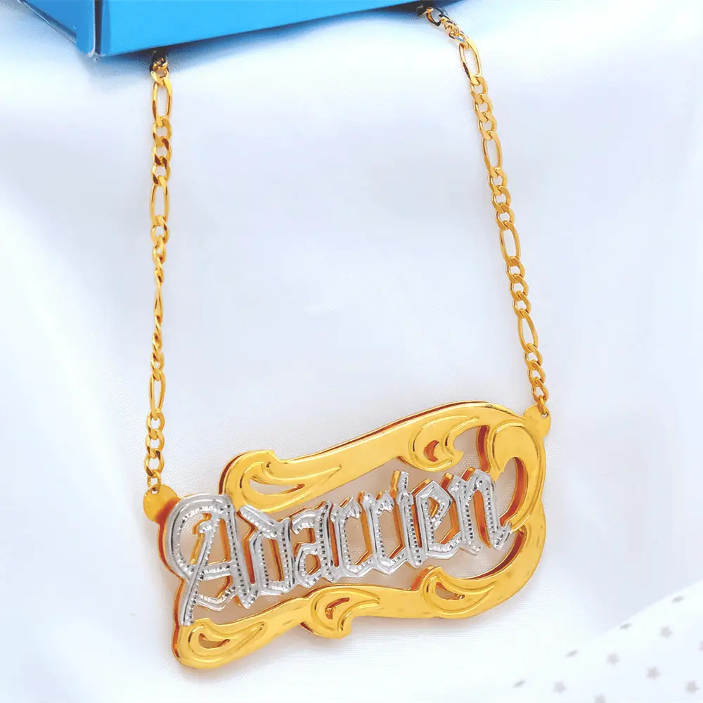 Customized Nameplate Necklace Personalized Custom 3D Double Pendant Name Necklace Figaro Chain - Blade & Thread