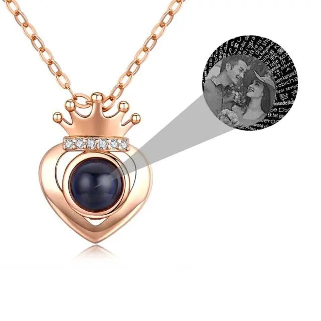 Customized Projection Photo Rose Gold Silver Color Projection Heart Crown Pendant Necklace - Blade & Thread