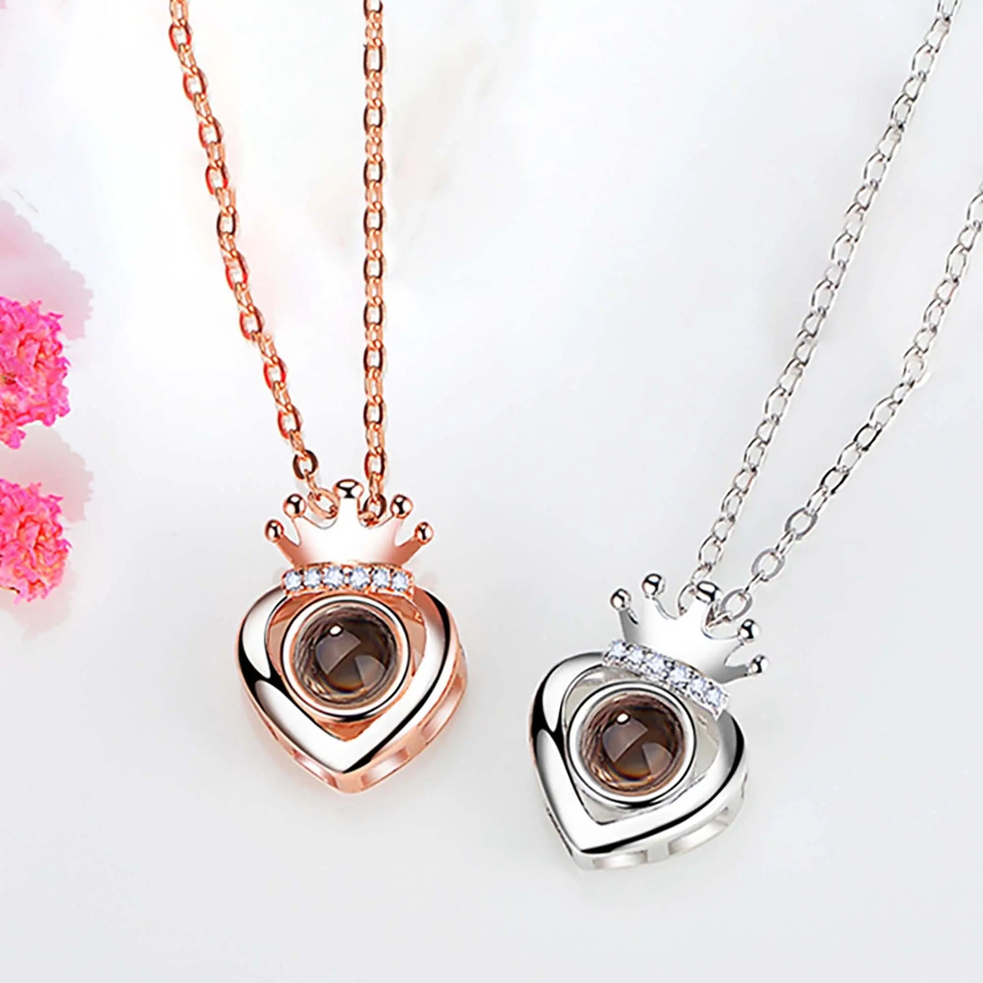 Customized Projection Photo Rose Gold Silver Color Projection Heart Crown Pendant Necklace - Blade & Thread