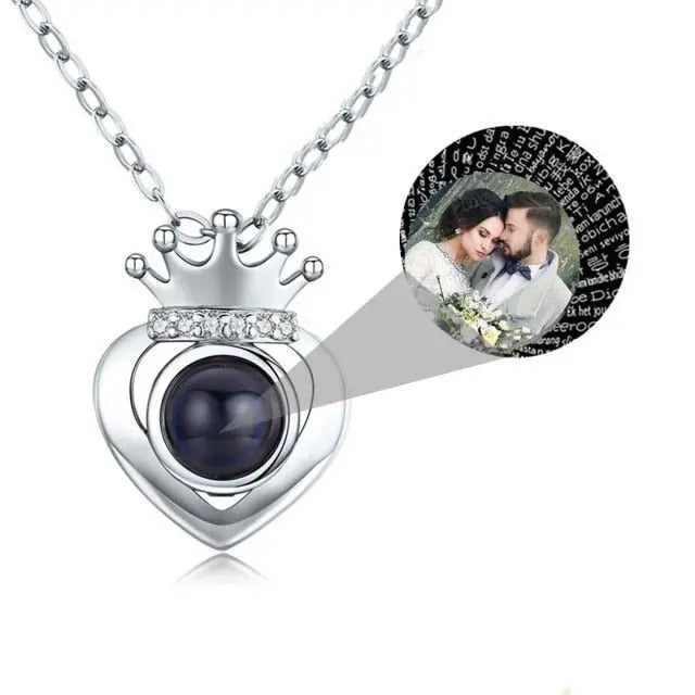 Customized Projection Photo Rose Gold Silver Color Projection Heart Crown Pendant Necklace - Blade & Thread