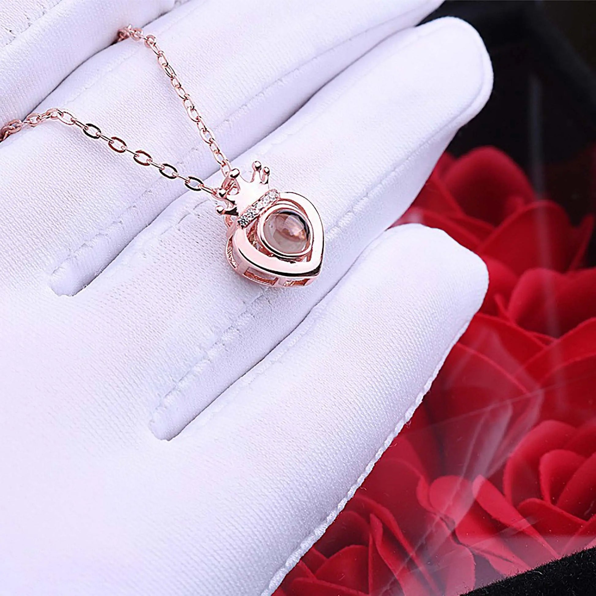 Customized Projection Photo Rose Gold Silver Color Projection Heart Crown Pendant Necklace - Blade & Thread