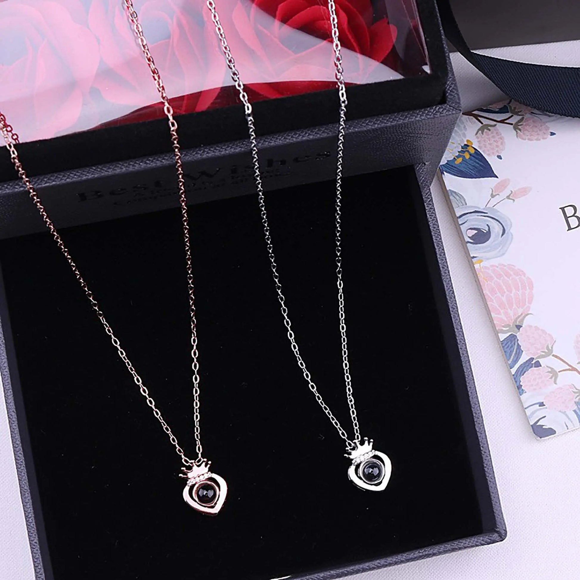 Customized Projection Photo Rose Gold Silver Color Projection Heart Crown Pendant Necklace - Blade & Thread