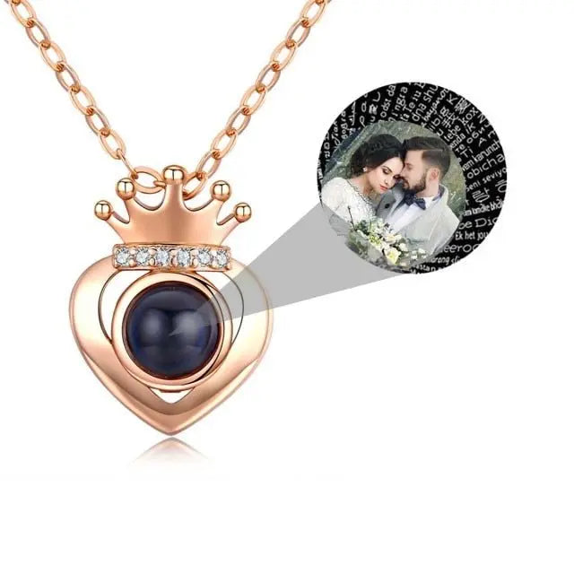 Customized Projection Photo Rose Gold Silver Color Projection Heart Crown Pendant Necklace - Blade & Thread