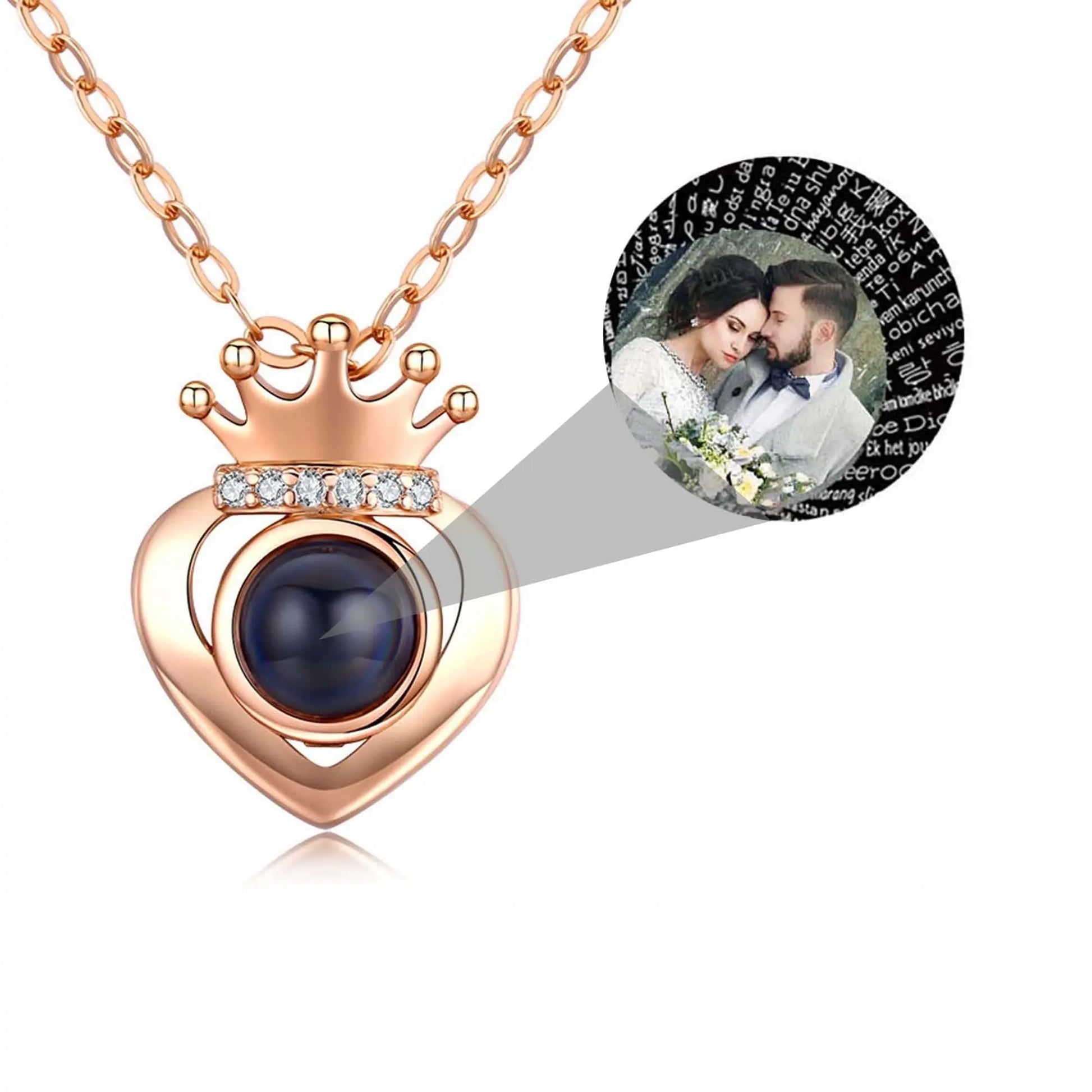 Customized Projection Photo Rose Gold Silver Color Projection Heart Crown Pendant Necklace - Blade & Thread