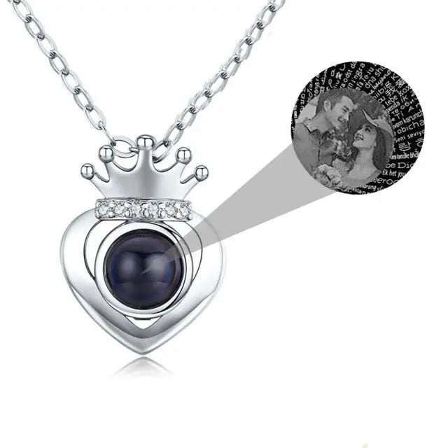 Customized Projection Photo Rose Gold Silver Color Projection Heart Crown Pendant Necklace - Blade & Thread