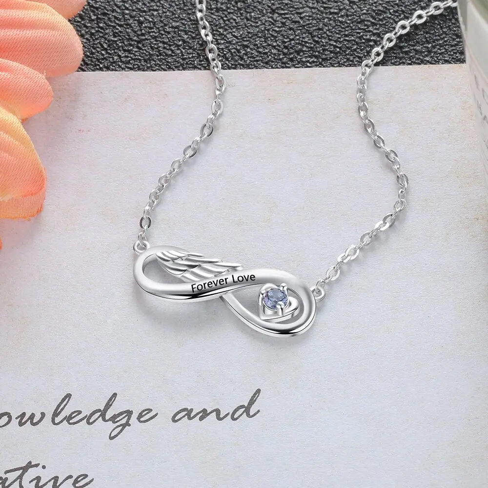 Customized Wing Infinity Relationship Birthstone Name Pendant Necklace - Blade & Thread