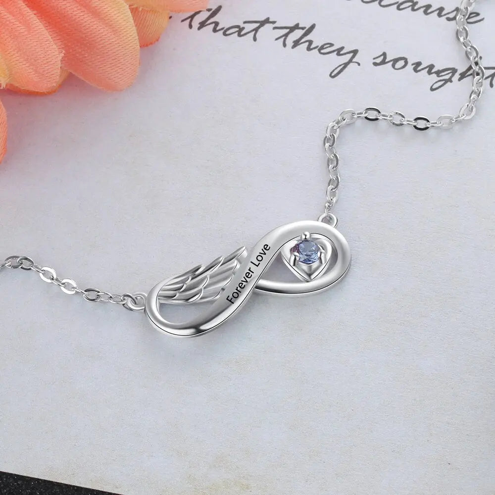 Customized Wing Infinity Relationship Birthstone Name Pendant Necklace - Blade & Thread