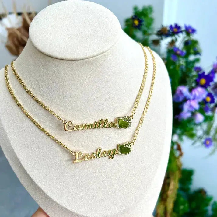 cut cat name necklace 14 karat gold name plates - Blade & Thread