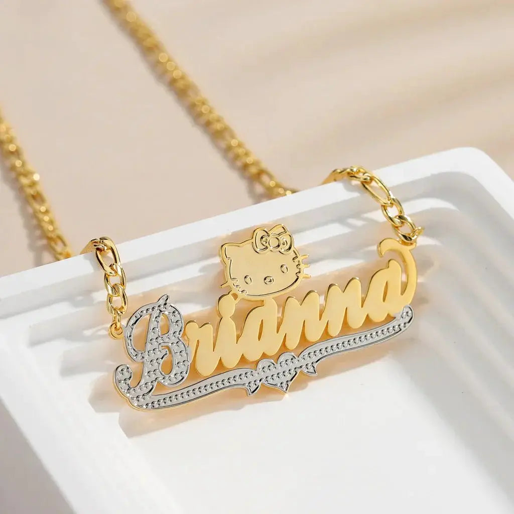 cut cat name necklace 14 karat gold name plates - Blade & Thread
