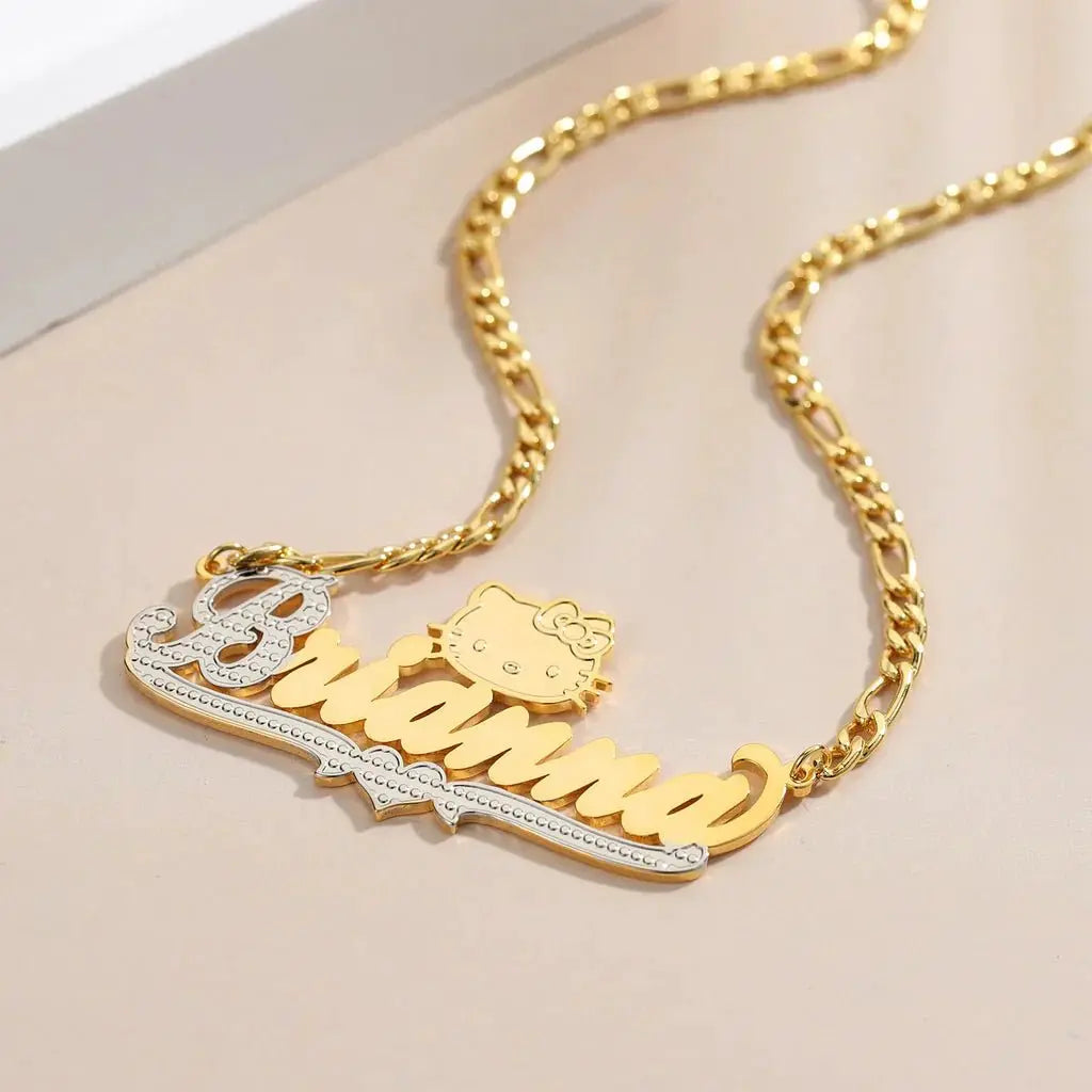 cut cat name necklace 14 karat gold name plates - Blade & Thread