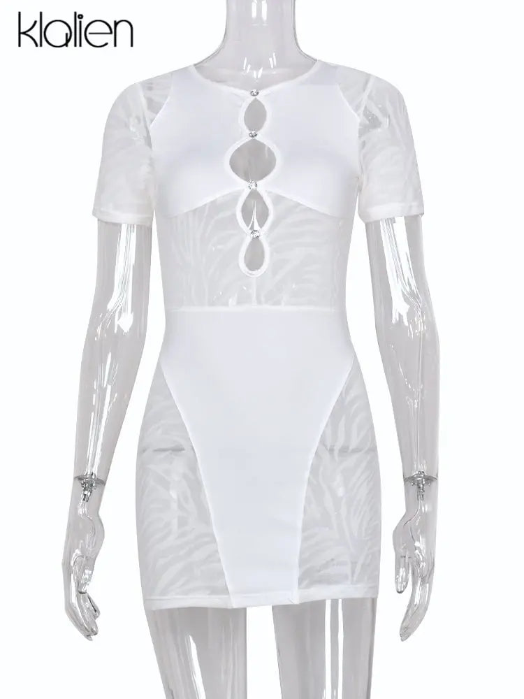 Cut Out Sexy Zebra Mesh Transparent Women's Pencil Short Dresses Mini Dress for Beach Bodycon - Blade & Thread