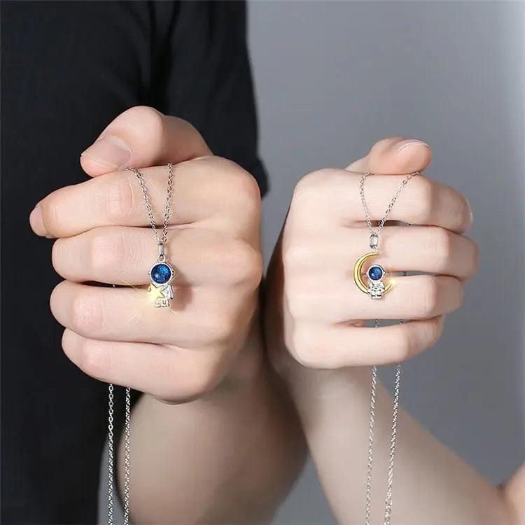 cute star and moon astronaut couple necklace fashion sweet dynamic romantic jewelry - Blade & Thread