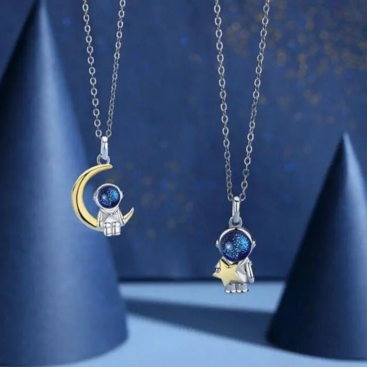cute star and moon astronaut couple necklace fashion sweet dynamic romantic jewelry - Blade & Thread