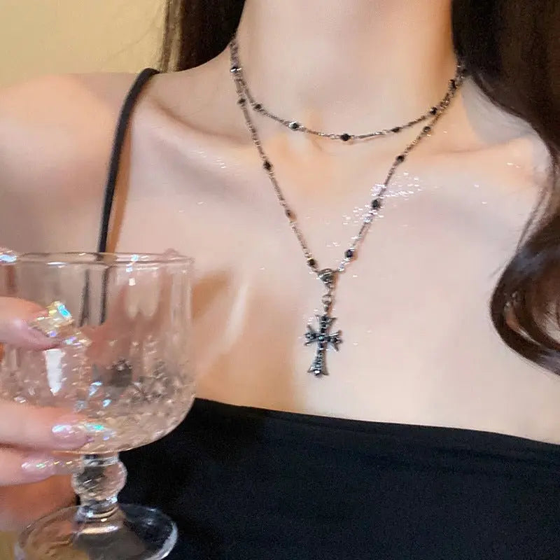 Dark zircon cross beaded necklace double layer neck chain - Blade & Thread