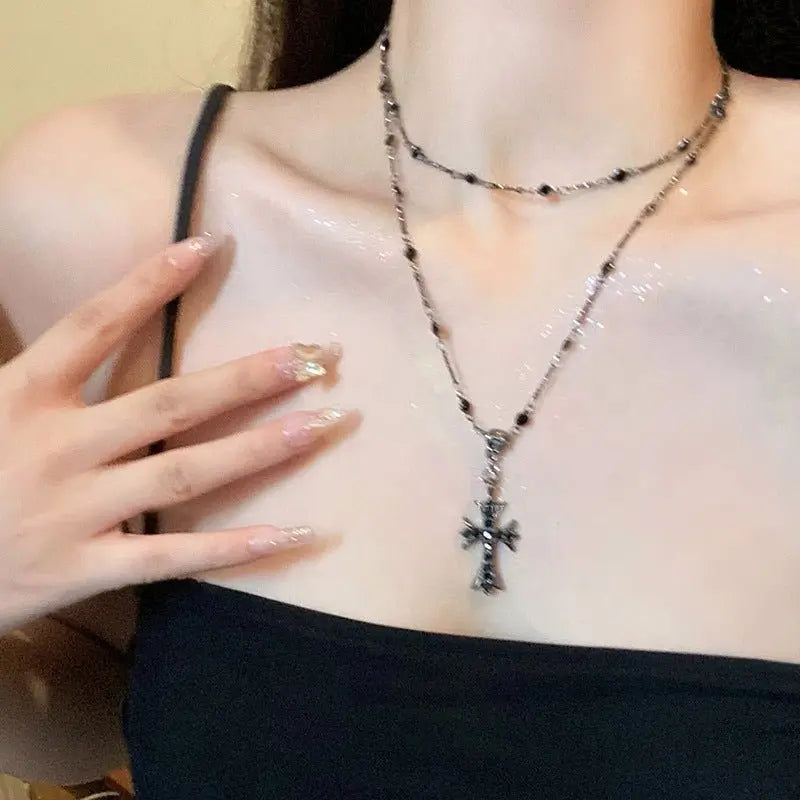 Dark zircon cross beaded necklace double layer neck chain - Blade & Thread