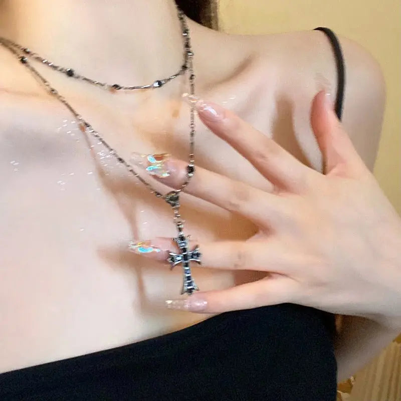 Dark zircon cross beaded necklace double layer neck chain - Blade & Thread