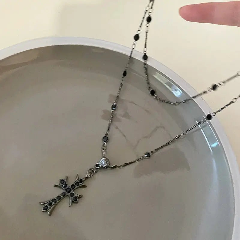 Dark zircon cross beaded necklace double layer neck chain - Blade & Thread