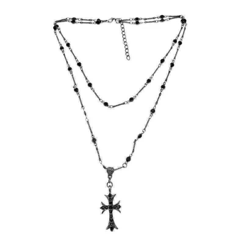 Dark zircon cross beaded necklace double layer neck chain - Blade & Thread