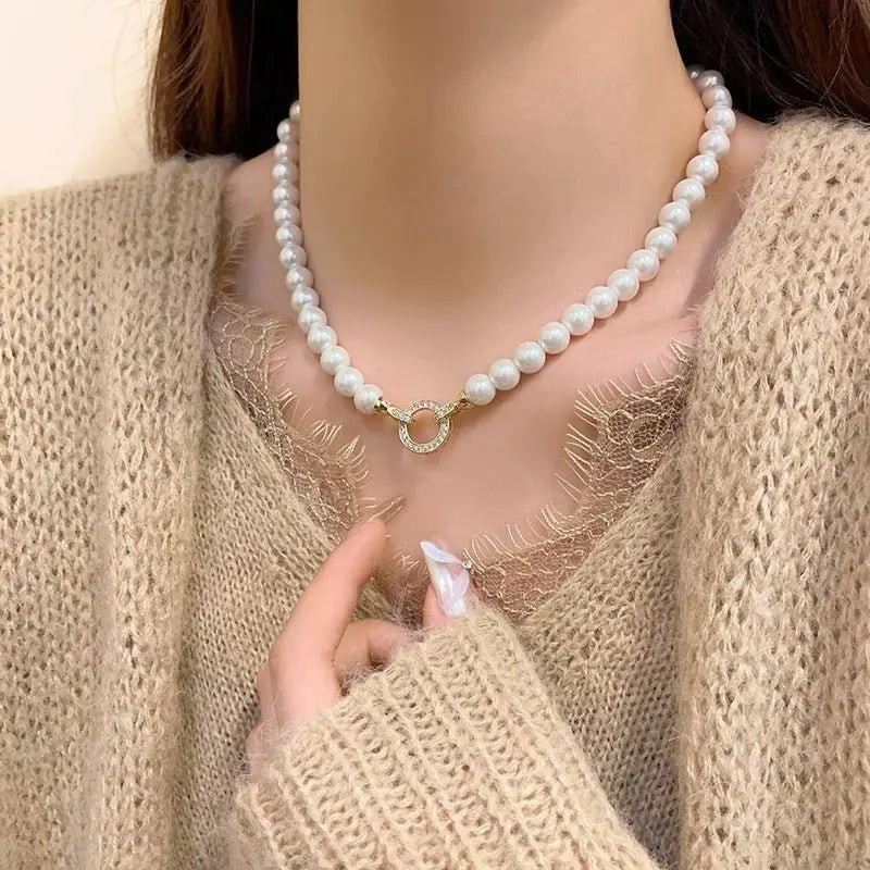 day collar large pearl inlaid zircon necklace - Blade & Thread