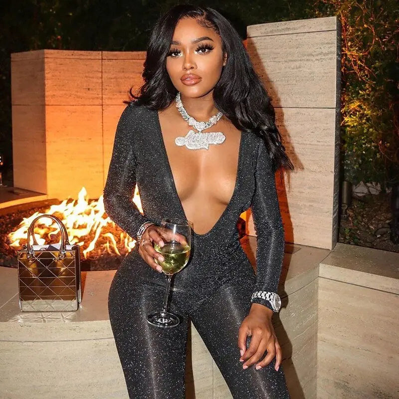 Deep V Neck Skinny Jumpsuit Bodycon - Blade & Thread