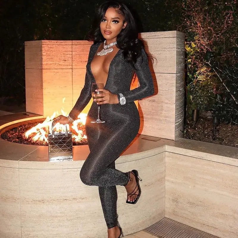 Deep V Neck Skinny Jumpsuit Bodycon - Blade & Thread