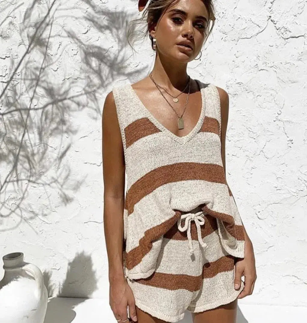 Deep V-Neck Vest Tie-Down Knitted Women Sweater Set Two-Piece Set - Blade & Thread