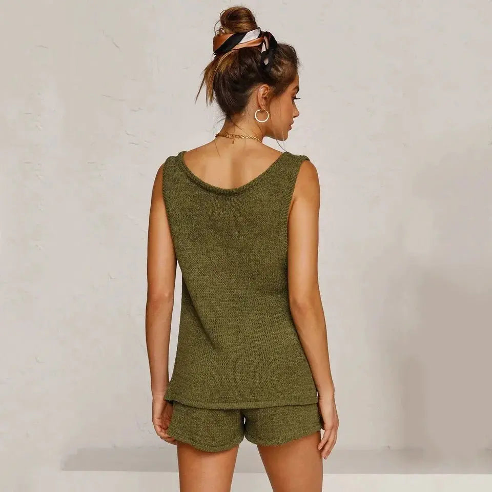 Deep V-Neck Vest Tie-Down Knitted Women Sweater Set Two-Piece Set - Blade & Thread