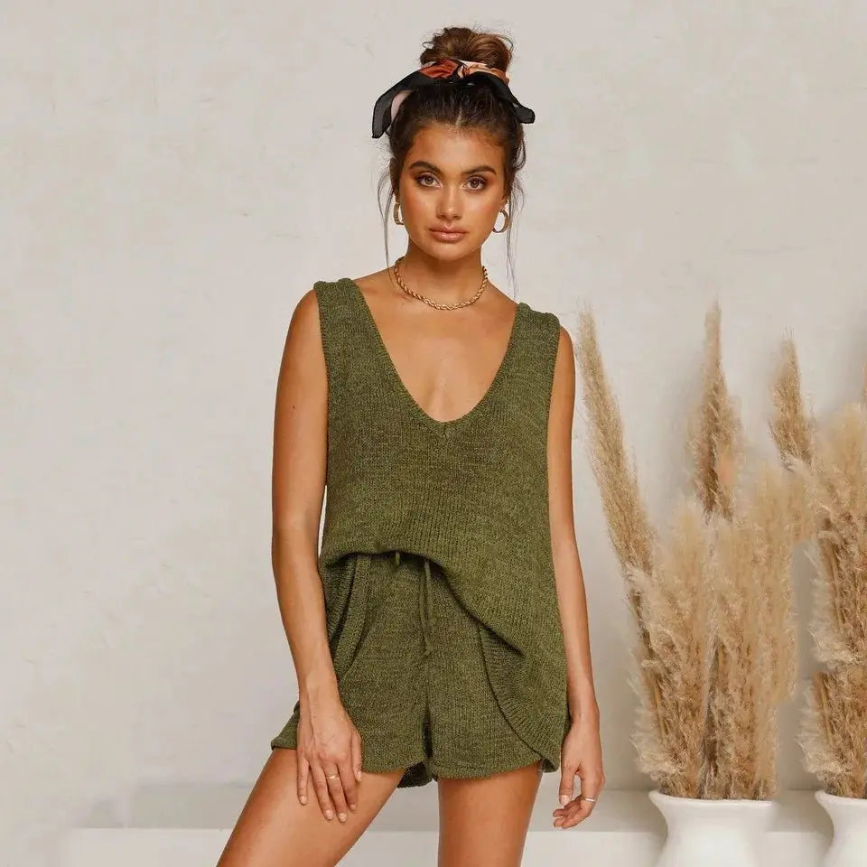 Deep V-Neck Vest Tie-Down Knitted Women Sweater Set Two-Piece Set - Blade & Thread