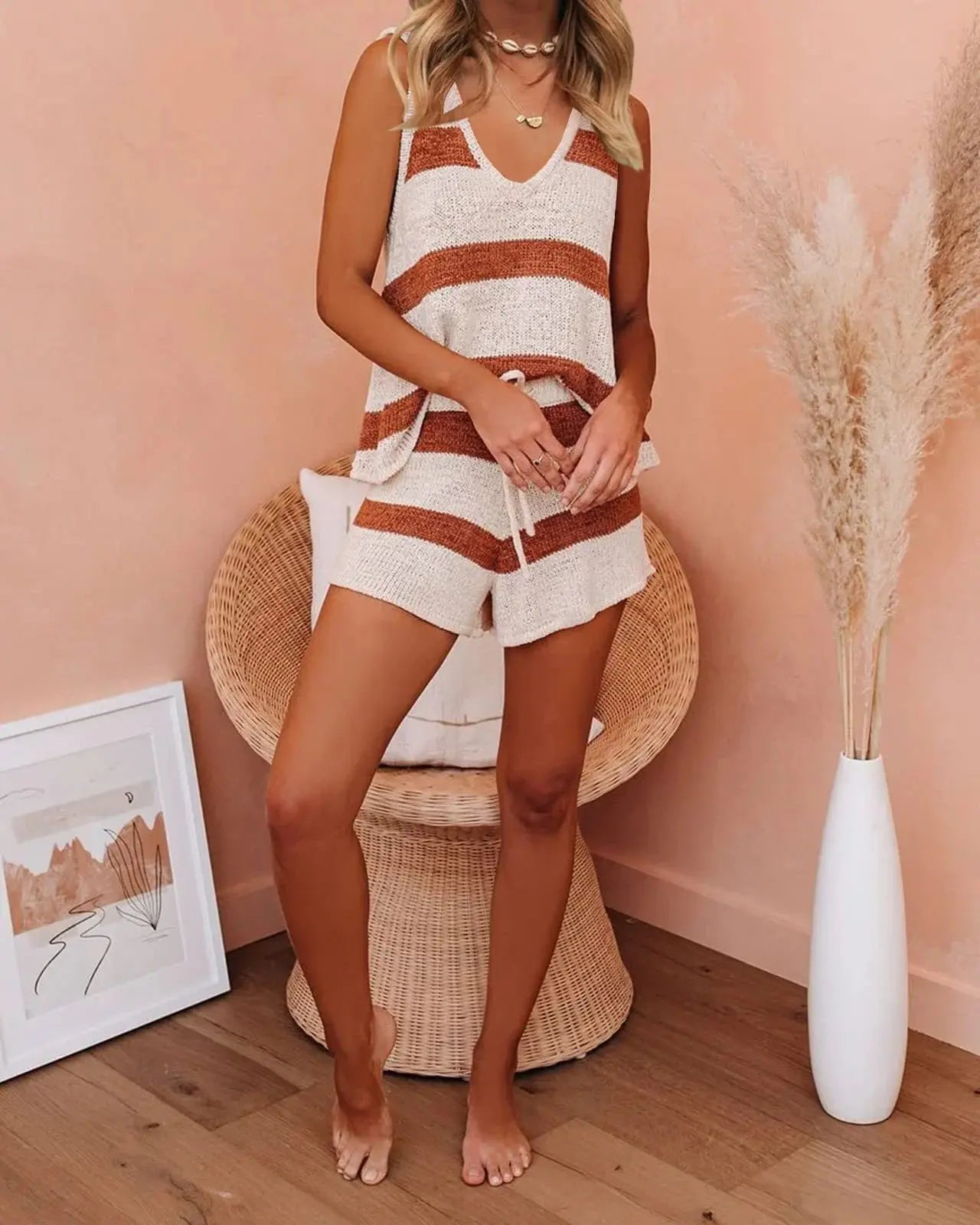 Deep V-Neck Vest Tie-Down Knitted Women Sweater Set Two-Piece Set - Blade & Thread