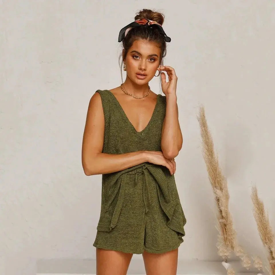 Deep V-Neck Vest Tie-Down Knitted Women Sweater Set Two-Piece Set - Blade & Thread