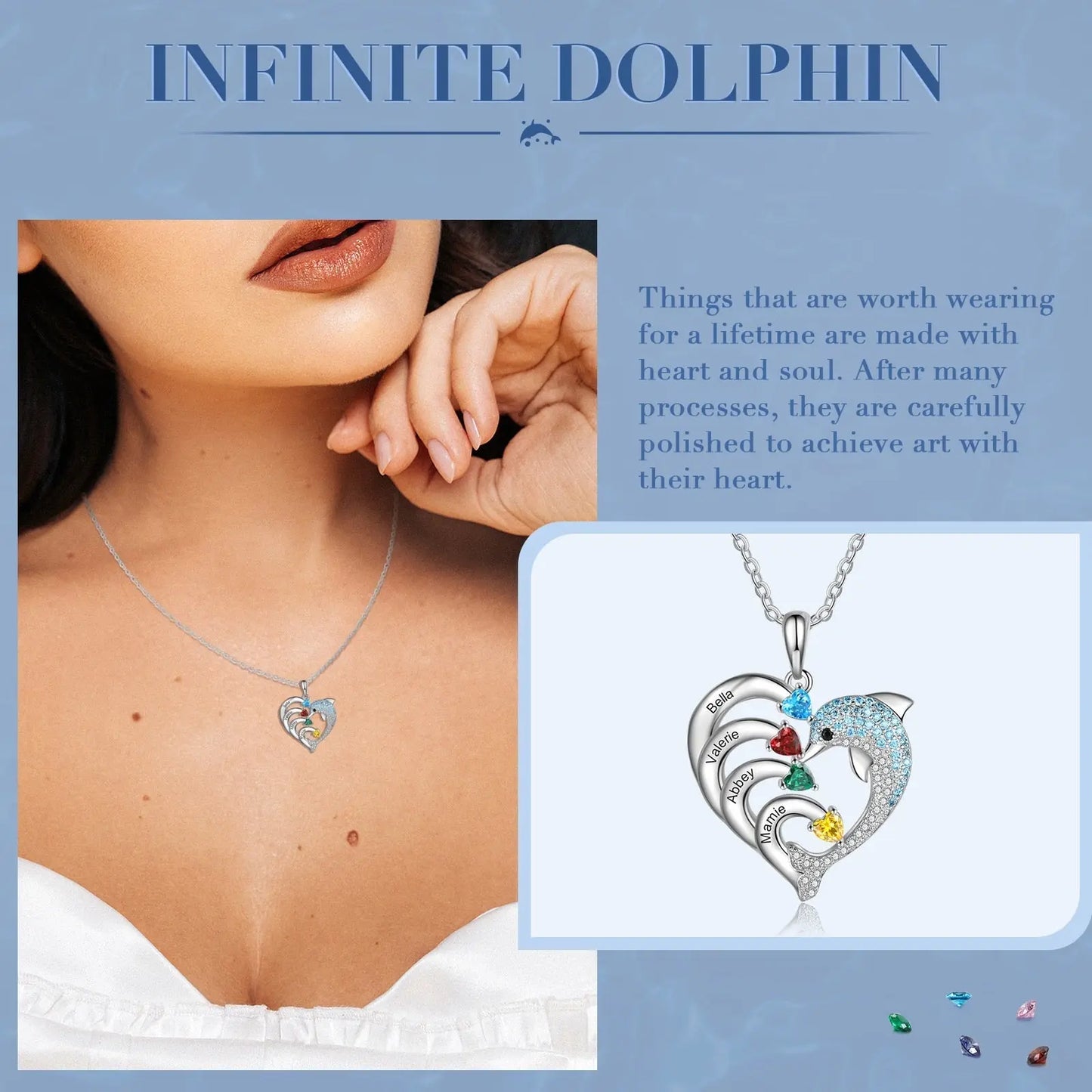 Delicate Dolphin 2-8 Name Necklace Customized Heart Pendant - Blade & Thread