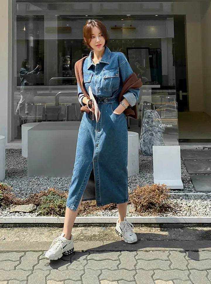 Denim Dress Full Sleeve Single-breasted Pockets Slim Waist Mid-length - Blade & Thread