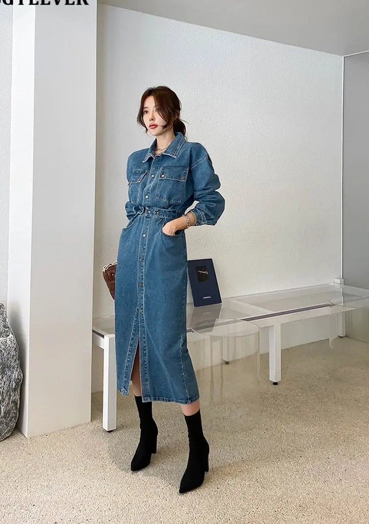 Denim Dress Full Sleeve Single-breasted Pockets Slim Waist Mid-length - Blade & Thread