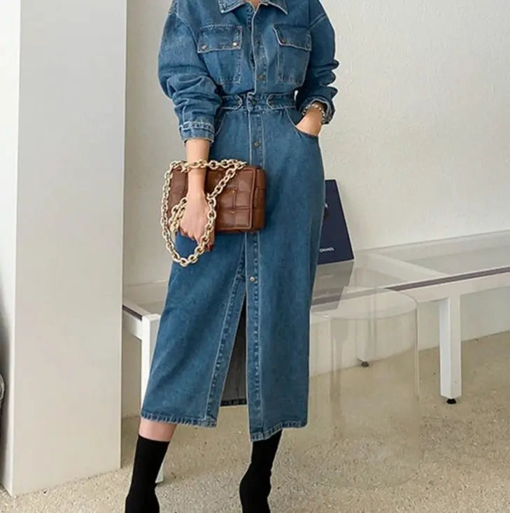 Denim Dress Full Sleeve Single-breasted Pockets Slim Waist Mid-length - Blade & Thread