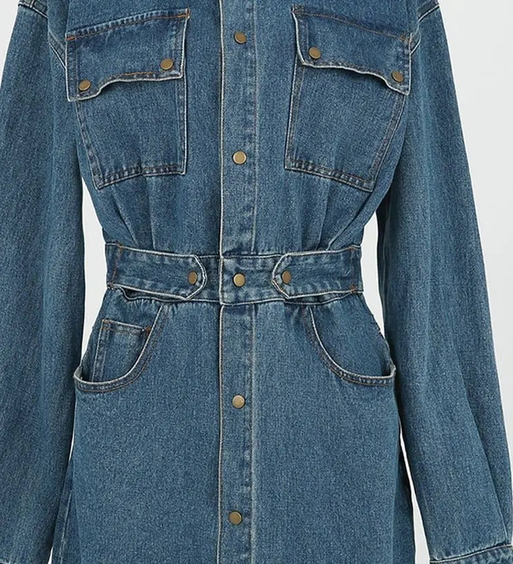 Denim Dress Full Sleeve Single-breasted Pockets Slim Waist Mid-length - Blade & Thread