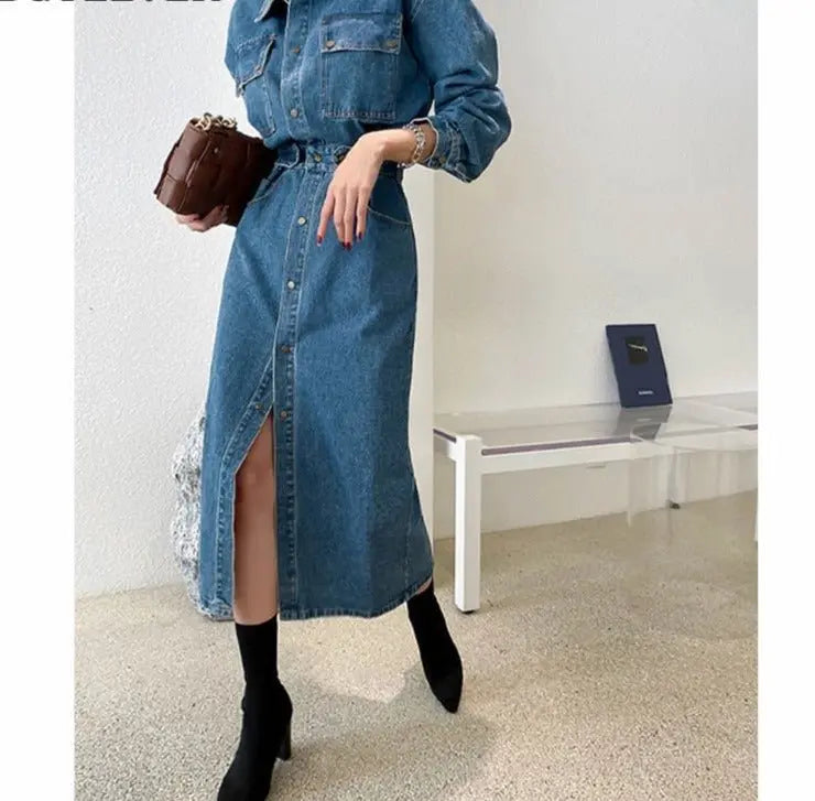 Denim Dress Full Sleeve Single-breasted Pockets Slim Waist Mid-length - Blade & Thread