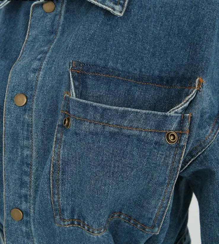 Denim Dress Full Sleeve Single-breasted Pockets Slim Waist Mid-length - Blade & Thread